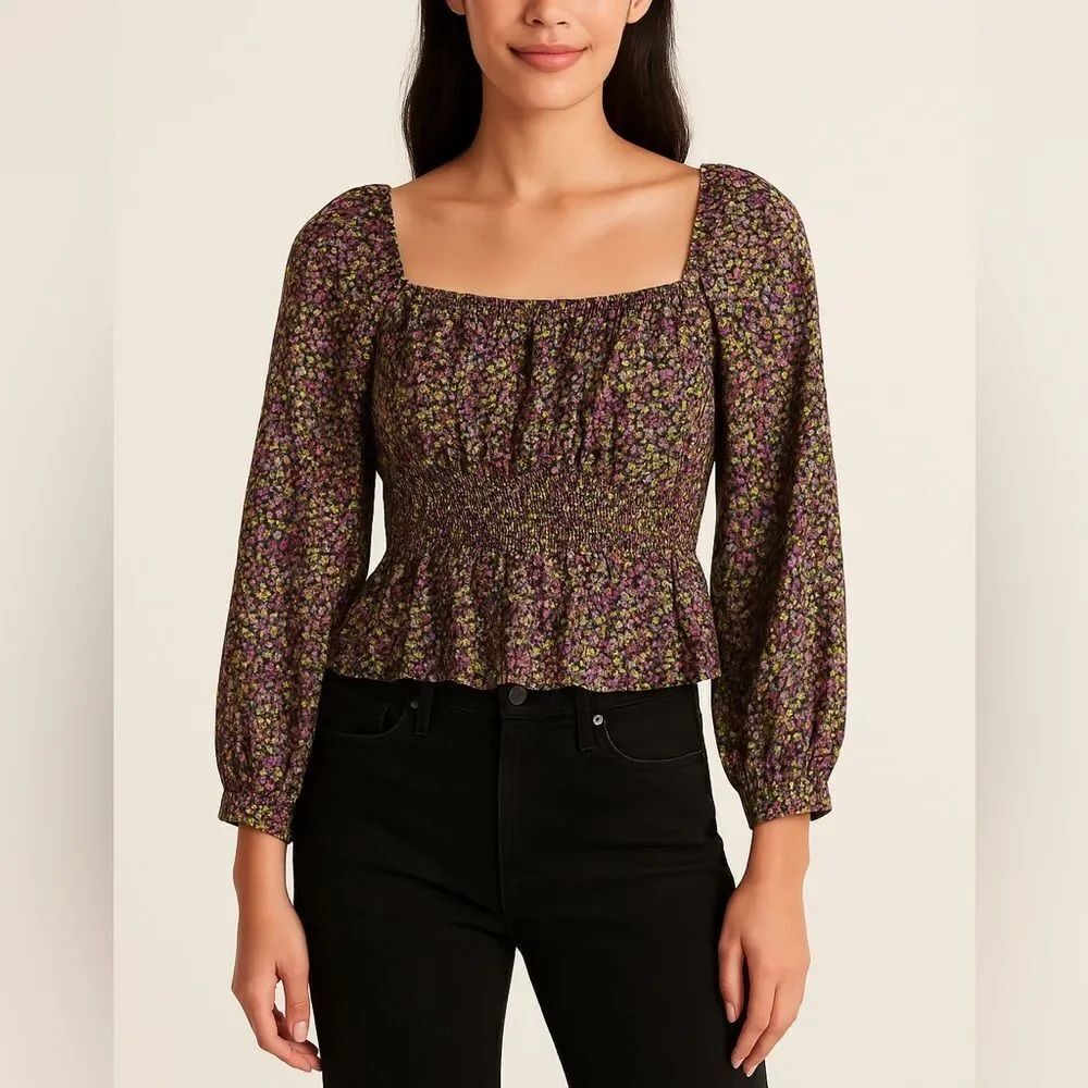 J. Crew Re-Imagined Floral Smocked Peplum Top Square Neck Long Sleeve S